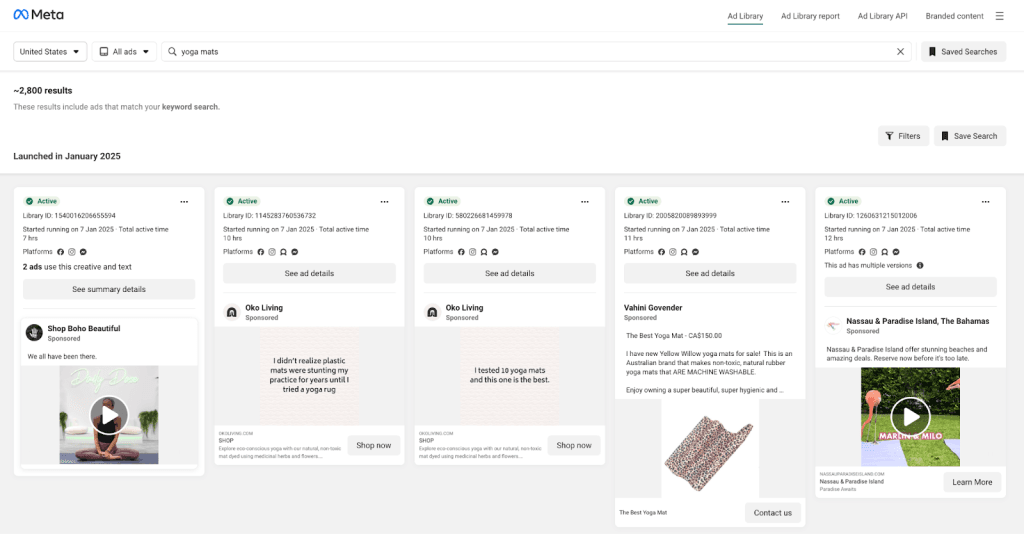 Meta Ad Librarys results on the yoga mats keyword