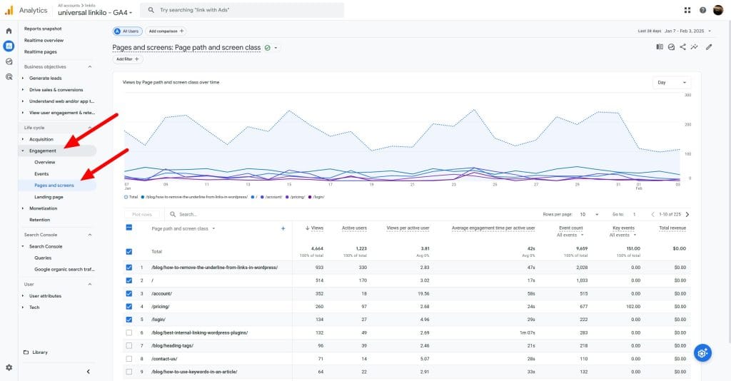 Analytics Pages and screens Page path and screen class 02 04 2025 09 48 AM