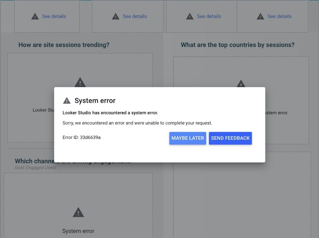 Looker Studios error after failing to load the multi channel dashboard